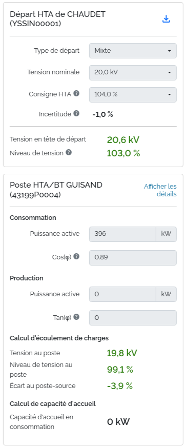 Capture d'écran du logiciel Sirao, présentant le panneau d'hypothèses de calcul pour un départ Moyenne Tension et pour un poste Moyenne-tension / Basse-tension. 